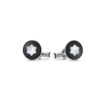 Boutons de manchette ronds en acier inoxydable avec incrustation en PVD noir et emblème en nacre représentant un sommet enneigé Boutons de manchette ronds en acier inoxydable avec incrustation en PVD noir et emblème en nacre représentant un sommet enneigé