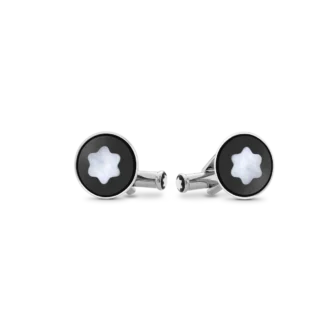 Boutons de manchette ronds en acier inoxydable avec incrustation en PVD noir et emblème en nacre représentant un sommet enneigé