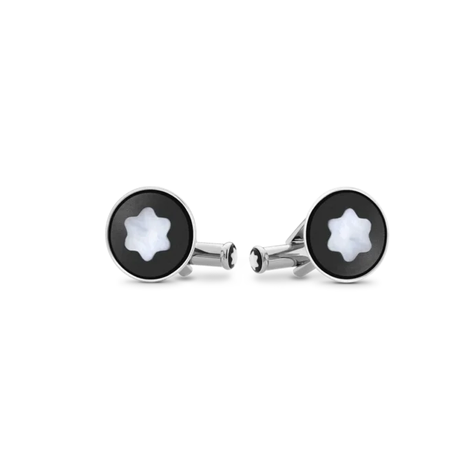 Boutons de manchette ronds en acier inoxydable avec incrustation en PVD noir et emblème en nacre représentant un sommet enneigé Boutons de manchette ronds en acier inoxydable avec incrustation en PVD noir et emblème en nacre représentant un sommet enneigé