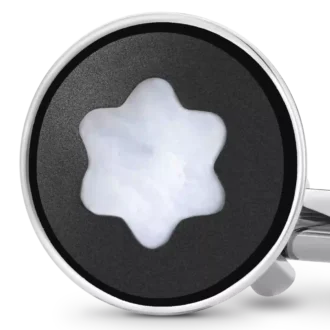 Boutons de manchette ronds en acier inoxydable avec incrustation en PVD noir et emblème en nacre représentant un sommet enneigé