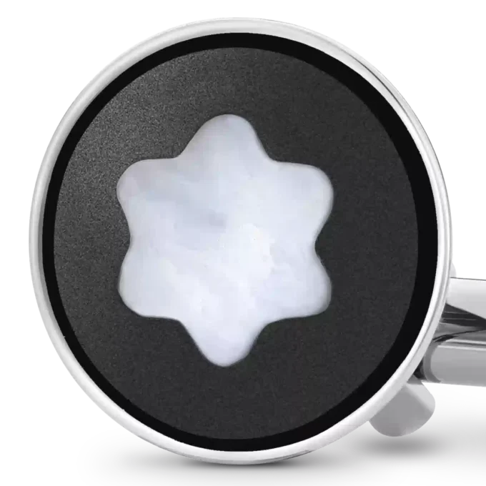 Boutons de manchette ronds en acier inoxydable avec incrustation en PVD noir et emblème en nacre représentant un sommet enneigé Boutons de manchette ronds en acier inoxydable avec incrustation en PVD noir et emblème en nacre représentant un sommet enneigé