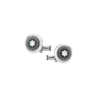Boutons de manchette ronds en acier inoxydable avec motif rayons et emblème en nacre représentant un sommet enneigé