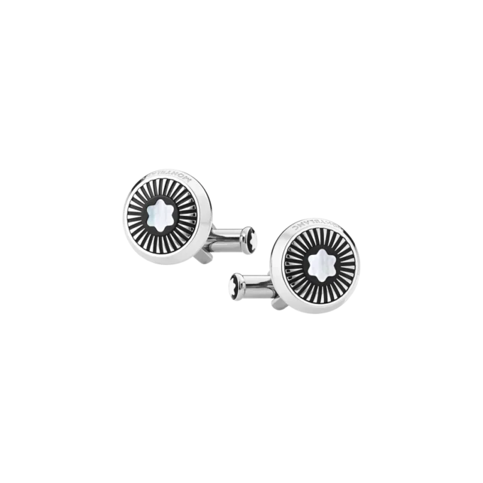 Boutons de manchette ronds en acier inoxydable avec motif rayons et emblème en nacre représentant un sommet enneigé Boutons de manchette ronds en acier inoxydable avec motif rayons et emblème en nacre représentant un sommet enneigé