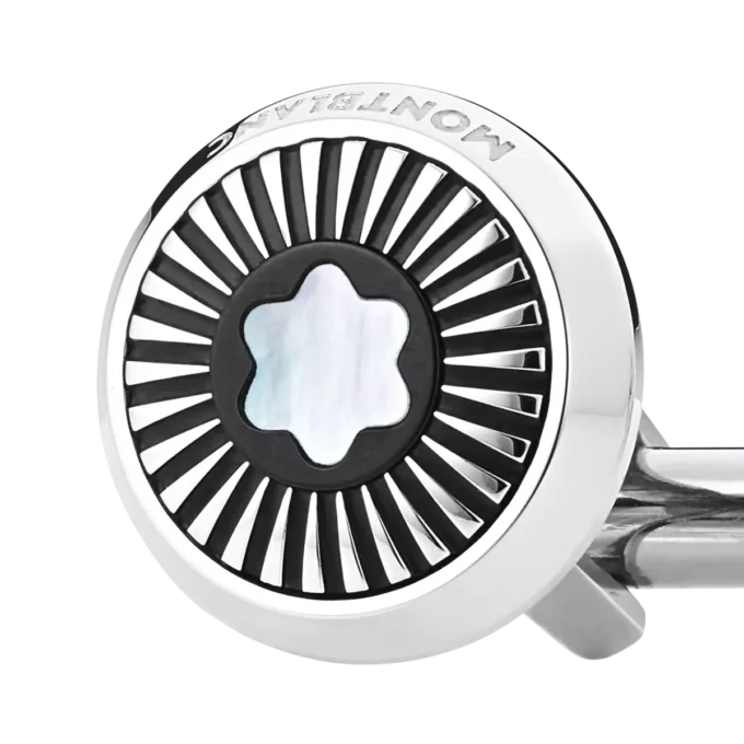 Boutons de manchette ronds en acier inoxydable avec motif rayons et emblème en nacre représentant un sommet enneigé Boutons de manchette ronds en acier inoxydable avec motif rayons et emblème en nacre représentant un sommet enneigé