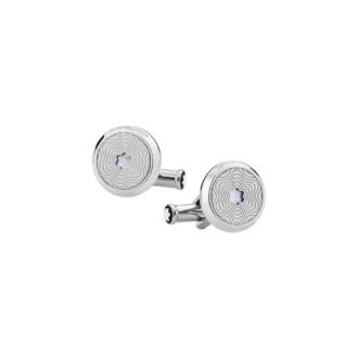 Boutons de manchette ronds en acier inoxydable avec motif étoile éclatante et emblème en nacre représentant un sommet enneigé