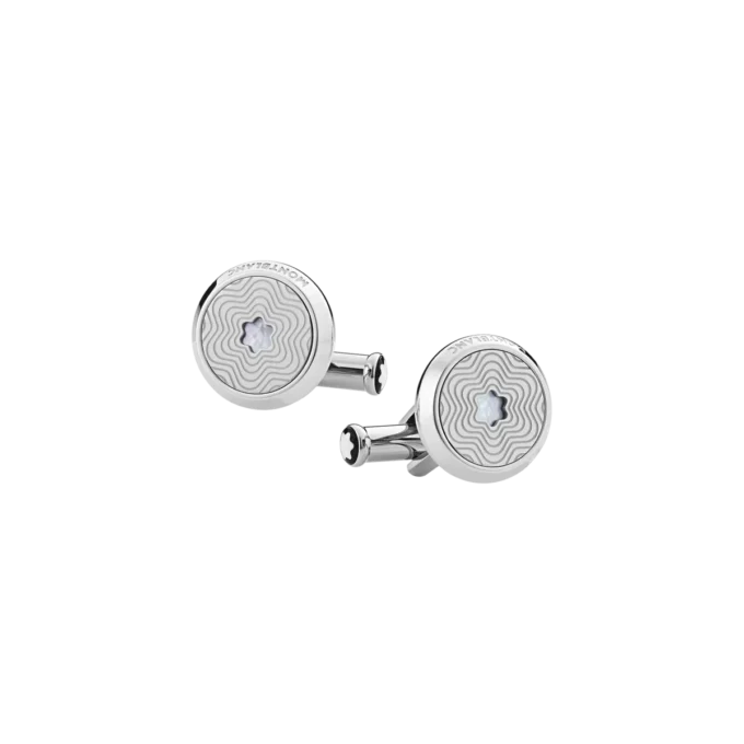 Boutons de manchette ronds en acier inoxydable avec motif étoile éclatante et emblème en nacre représentant un sommet enneigé Boutons de manchette ronds en acier inoxydable avec motif étoile éclatante et emblème en nacre représentant un sommet enneigé