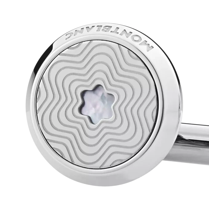 Boutons de manchette ronds en acier inoxydable avec motif étoile éclatante et emblème en nacre représentant un sommet enneigé Boutons de manchette ronds en acier inoxydable avec motif étoile éclatante et emblème en nacre représentant un sommet enneigé