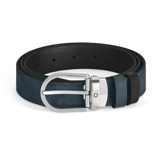 Ceinture réversible en cuir bleu velours/noir 30 mm avec boucle en fer à cheval Ceinture réversible en cuir bleu velours/noir 30 mm avec boucle en fer à cheval