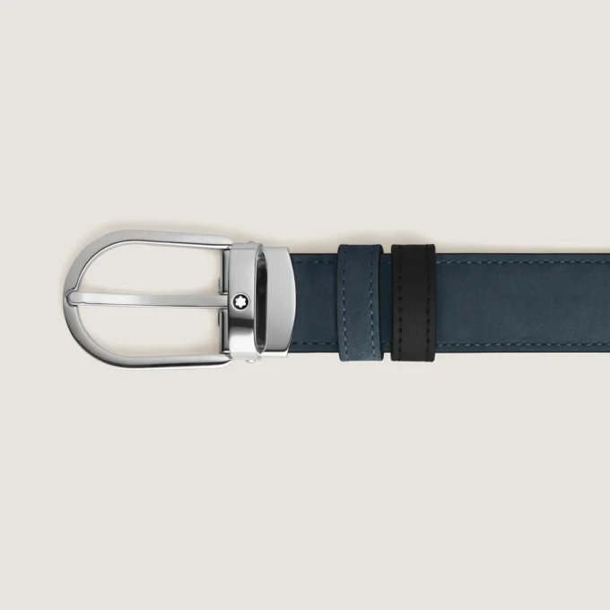Ceinture réversible en cuir bleu velours/noir 30 mm avec boucle en fer à cheval Ceinture réversible en cuir bleu velours/noir 30 mm avec boucle en fer à cheval