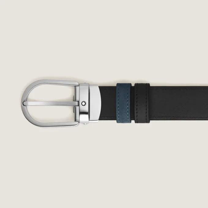 Ceinture réversible en cuir bleu velours/noir 30 mm avec boucle en fer à cheval Ceinture réversible en cuir bleu velours/noir 30 mm avec boucle en fer à cheval