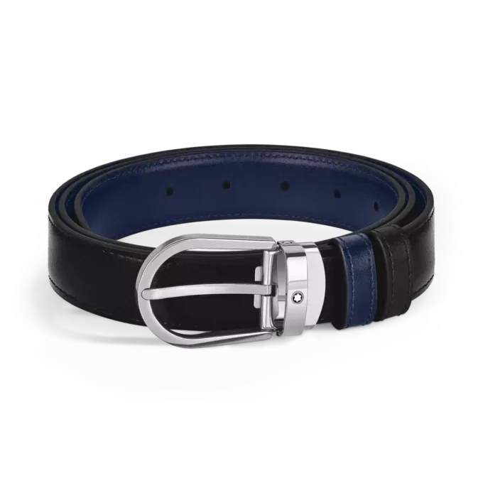 Ceinture réversible en cuir noir/bleu encre 30 mm avec boucle en fer à cheval Ceinture réversible en cuir noir/bleu encre 30 mm avec boucle en fer à cheval