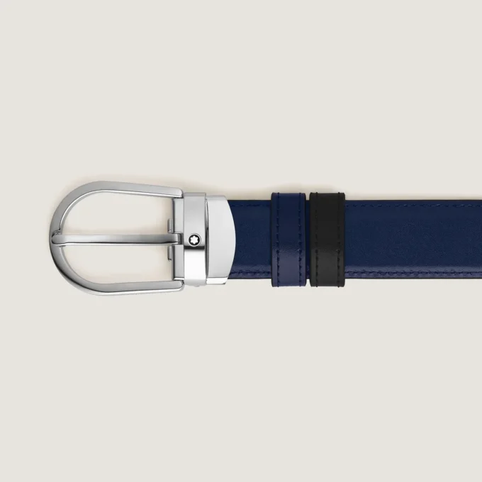 Ceinture réversible en cuir noir/bleu encre 30 mm avec boucle en fer à cheval Ceinture réversible en cuir noir/bleu encre 30 mm avec boucle en fer à cheval