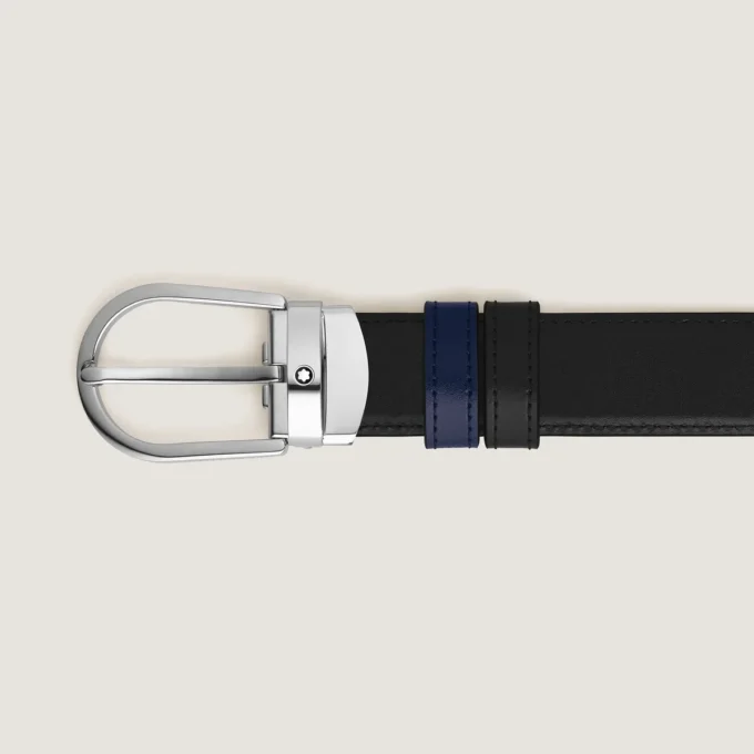 Ceinture réversible en cuir noir/bleu encre 30 mm avec boucle en fer à cheval Ceinture réversible en cuir noir/bleu encre 30 mm avec boucle en fer à cheval