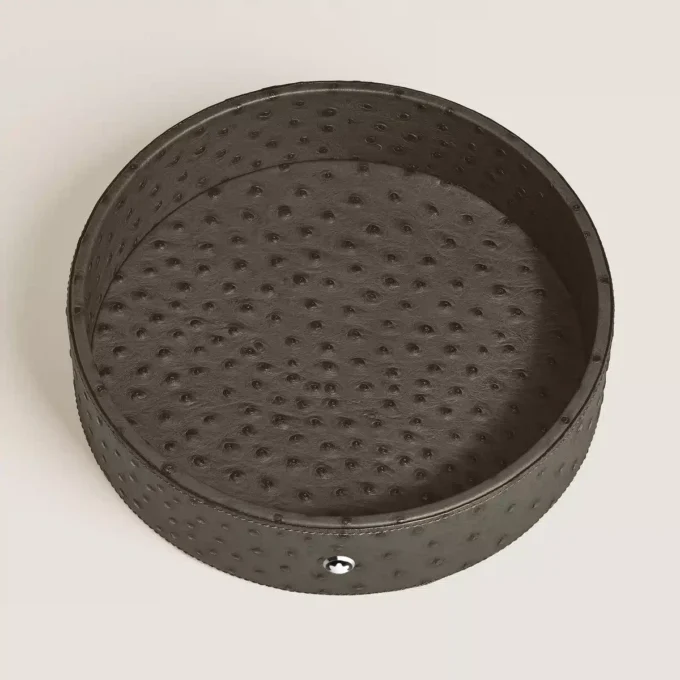 Grand plateau de bureau rond en cuir gaufré autruche Grand plateau de bureau rond en cuir gaufré autruche